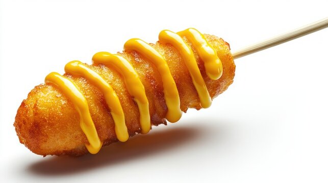 Deep fried corn dog on a stick with mustard drizzle tasty street food treat on white background snack concept
