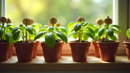 Obraz premium Close-up of small pots with young basil plants, labeled with wooden markers, arranged on a windowsill. The sunlight highlights the fresh leaves, evoking growth and joy in nurturing herbs.