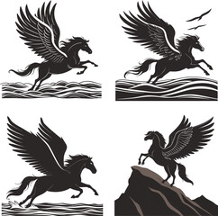 Obraz premium Majestic Winged Horses and Mythical Pegasus Silhouettes.