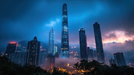 Fototapeta premium Dramatic skyline view of a city at dusk with fog