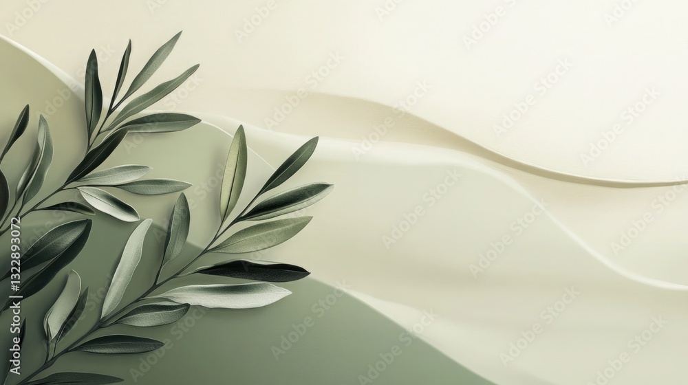 Poster elegant olive branches on a soft cream and sage green background with wave pattern
