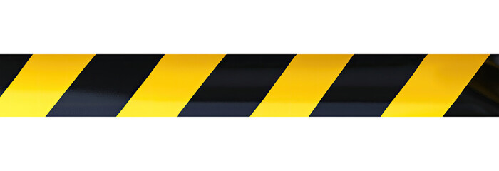 Black and yellow warning tape with diagonal stripes, isolated on a transparent background