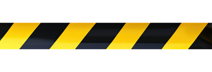 Black and yellow warning tape with diagonal stripes, isolated on a transparent background