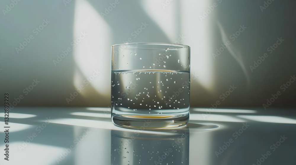 Poster sparkling water in a glass, illuminated by sunlight streaming through a window, creating dramatic sh