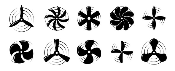 Airplane propellers and motor blades. Plane propellers set. Symbols fan rotating.