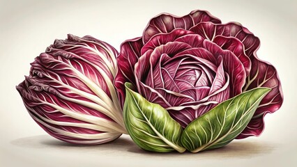 Obraz premium Radicchio Line Art Botanical Illustration, Delicate Details, Masterpiece, Fine Art Print, Plant Drawing, Red Chicory, Vegetable Artwork
