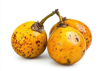 Group of Fresh Yellow Sapote Fruit with Brown Spots Isolated on White Background Close Up Still Life