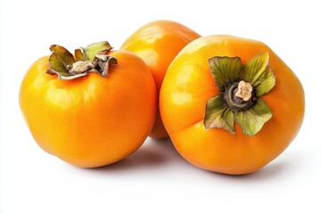 Vibrant trio of ripe persimmons on a white background with soft shadows capturing their fresh organic essence