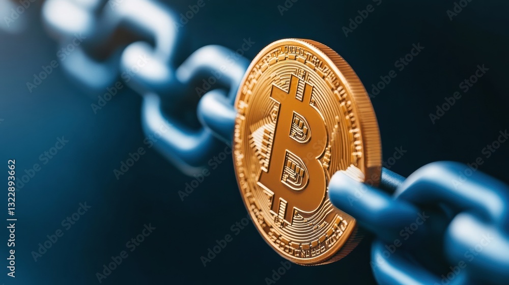 Aufkleber a close-up of a bitcoin hanging from a metallic chain, representing the concept of cryptocurrency an
