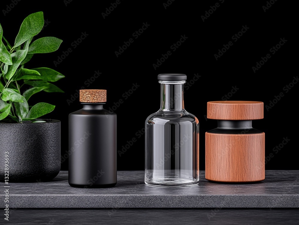 Poster a minimalist display of elegant bottles and a plant on a dark background