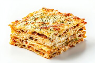 Classic lasagna stack fresh from the oven layered with cheese herbs and vegetables on a white background