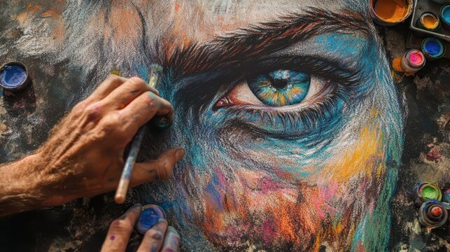 An artists hand painting a striking colorful eye portrait