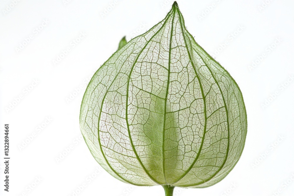 Poster close up of translucent tomatillo husk showcasing intricate venation on soft white backdrop minimal 