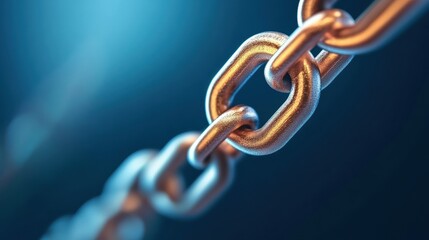 Obraz premium A close-up image of a metallic chain link, showcasing its texture and sheen against a blurred blue background.