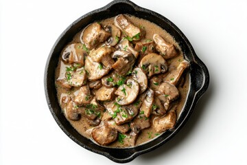 Creamy mushroom ragout served in cast iron skillet on a white background studio shot overhead view culinary delicacy