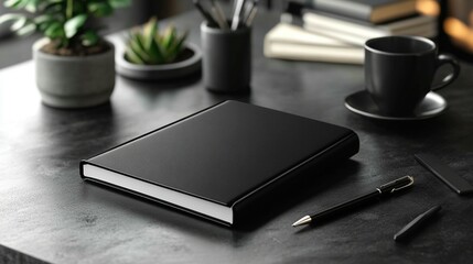 Black Notebook Mockup on Desk