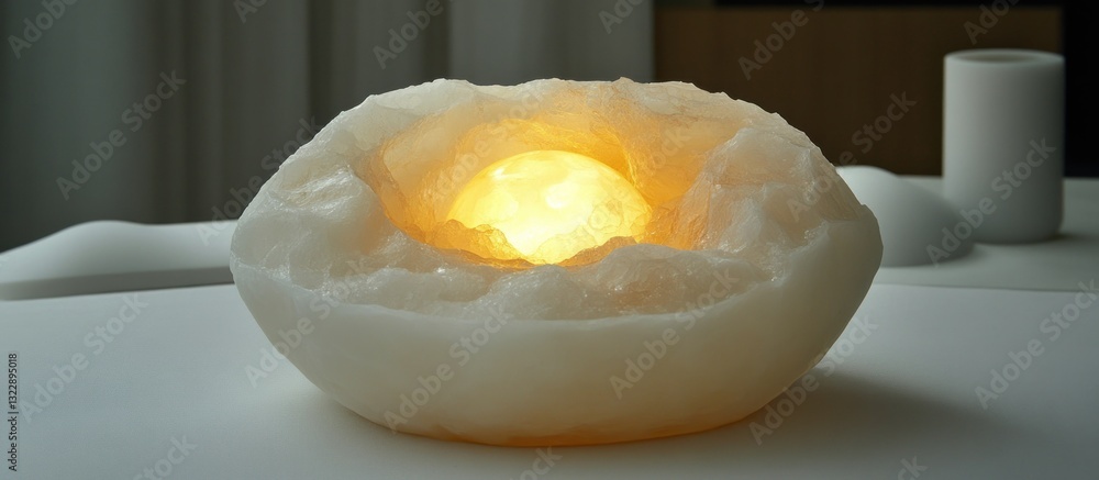Poster soft illuminated object with orange glow set against neutral background in modern interior design