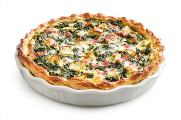 Delicious Spinach Artichoke Quiche in White Dish Perfect for Stock Photography Featuring Savory Filling