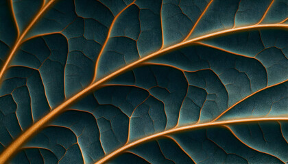 Obraz premium Intricate leaf vein texture, teal and copper tones, detailed macro photography of plant structure, botanical background.