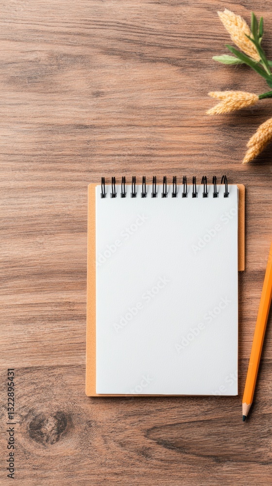 Poster minimalist productivity essentials rustic wooden workspace with spiral notebook, wheat stems - moder