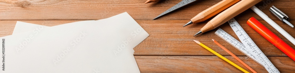 Leinwandbilder precision engineering visualization minimalist architectural design tools on rustic wood - innovativ