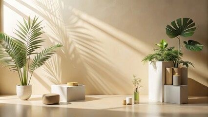 Fototapeta premium Sunlit Minimalist Interior Design with Lush Greenery and Elegant Vessels
