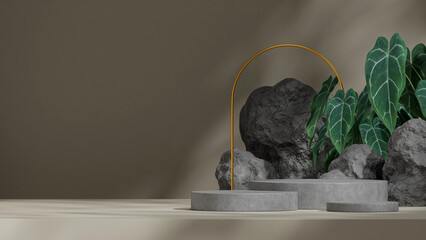 3d render image blank mockup concrete texture curved cylinder podium in landscape arch and rocks