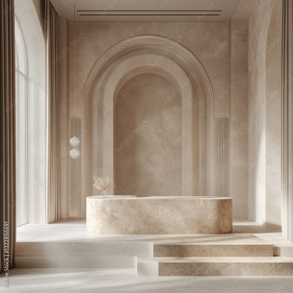 Poster serene display setting with subtle sandstone platform against a neutral backdrop and natural illumin