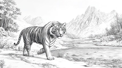 Fototapeta premium Majestic Siberian tiger by river, mountains background; wildlife illustration