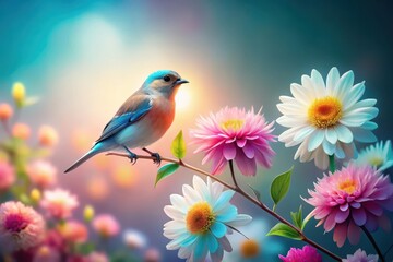 Obraz premium A Serene Blue Bird Perched on a Branch Adorned with Vibrant Blossoms, Bathed in Soft, Golden Light