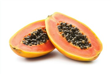 Sliced Exotic Papaya Fruit Rich in Vitamins Displaying Juicy Pulp and Numerous Black Seeds on White