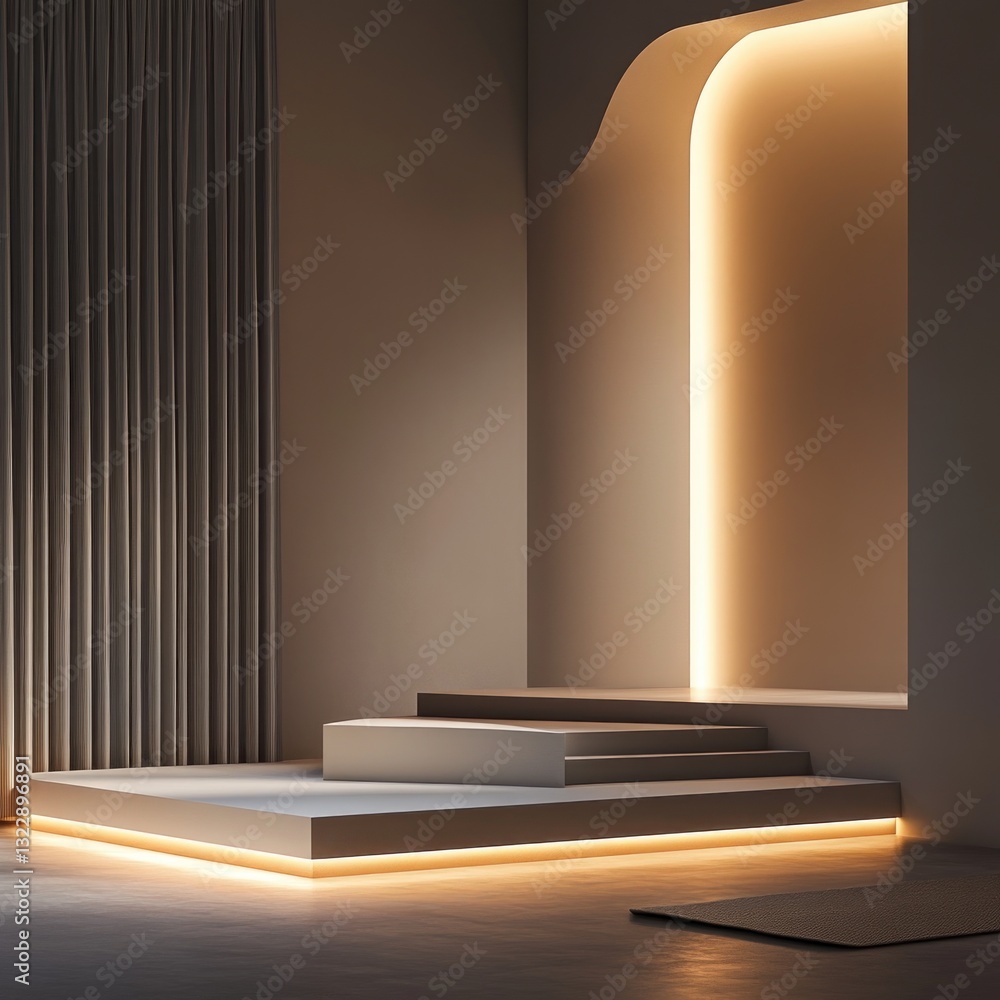 Poster minimalist platform with glowing light edges and elegant archway modern architectural background