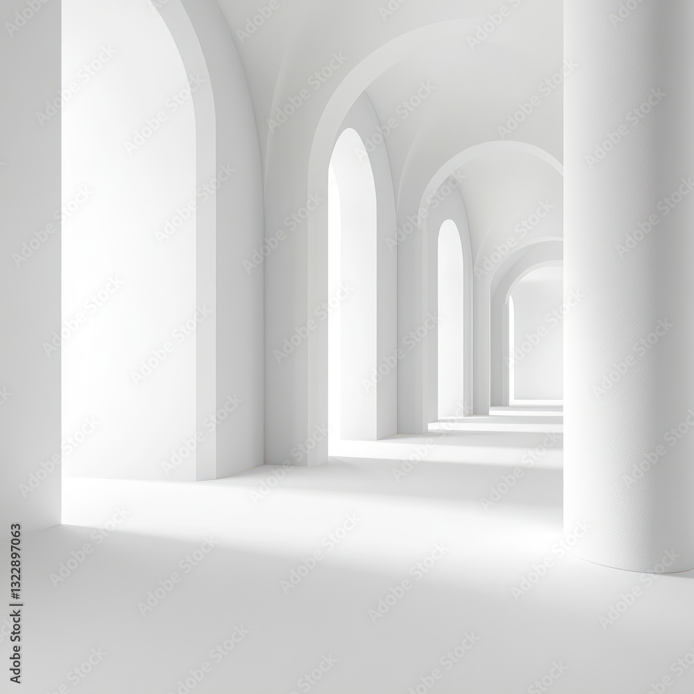 Poster surreal minimalist passage with repeating arch architecture casting shadows in white architectural s