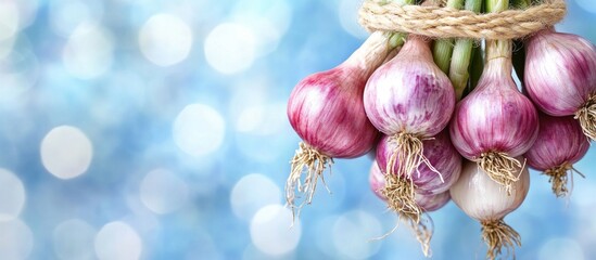 Fresh Red Shallots Hanging with Natural Twine Against a Soft Blurred Background