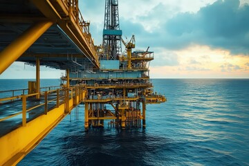 Fototapeta premium Intricate Machinery of an Oil Rig Towering Over the Waves in a Wide Ocean View