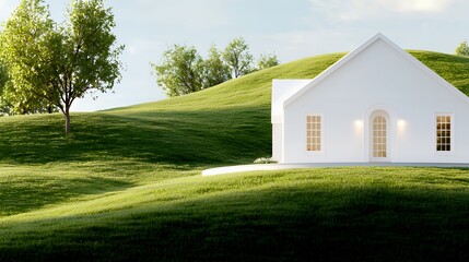 Fototapeta premium White House on Green Hill with Trees and a Clear Sky