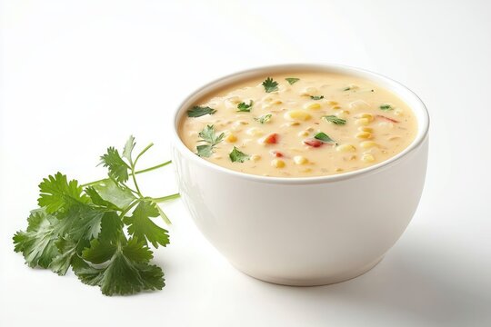 Creamy corn chowder in white bowl vibrant parsley garnish on white background angled view for food photography