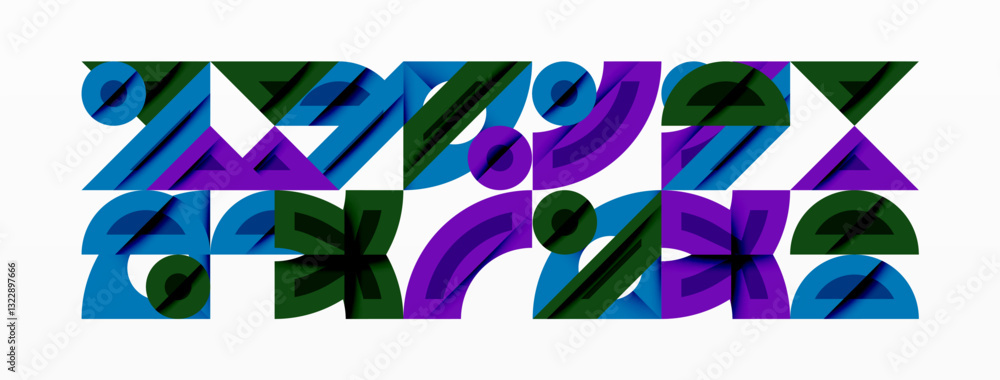 Poster Abstract geometric background with shapes, featuring circular and rounded elements. Bold contrast, smooth gradients, dynamic composition, futuristic style