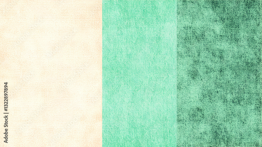 Poster abstract textured background with three vertical color blocks beige, mint green, and sea green. perf
