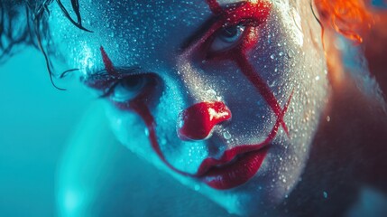 Fototapeta premium Clown portrait with dramatic lighting and water droplets