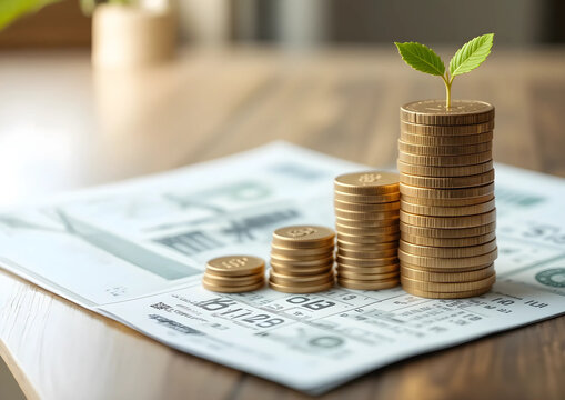 Financial profitability and growth stack of coins on news paper.