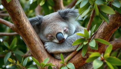 Fototapeta premium Sleeping Koala in a Tree Surrounded by Green Leaves Wildlife Nature Portrait Close Up
