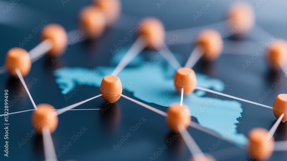 Poster a close-up of a network map with orange nodes connected by lines, highlighting geographical regions 
