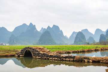 Scenic Beauty of Guilin: Karst Peaks and Ancient Bridge