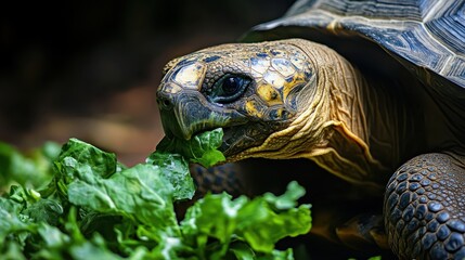 Fototapeta premium The large tortoise is eating fresh green leafy vegetation calmly