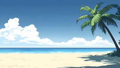 Idyllic tropical beach scene; serene ocean, palm tree, and clear blue sky, perfect for travel, vacation, or summer themes.