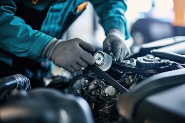 Mechanic Calibrates Timing Belt in Engine for Optimal Performance During Routine Maintenance Inspection
