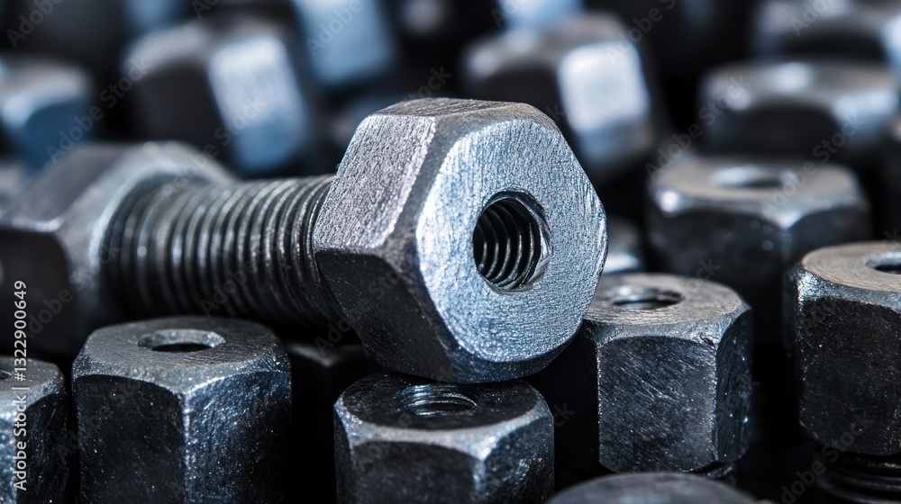 Poster close-up of metallic bolts and nuts in a workshop setting