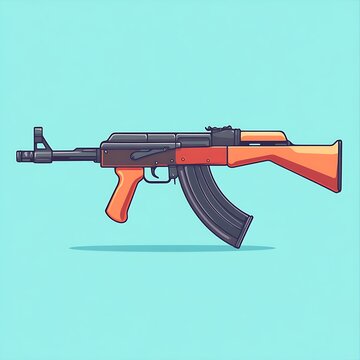 An orange and black AK47 assault rifle is depicted on the image