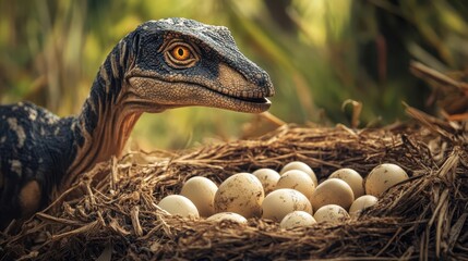 Naklejka premium A dinosaur watches over its nest of many eggs